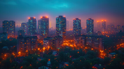 Obraz premium Photos of the night city, where the lights of buildings create an amazing panor