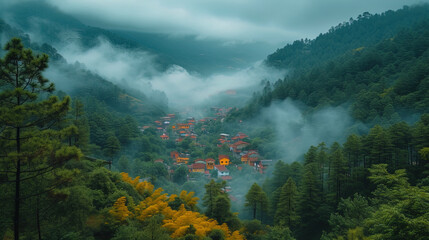 Photo of the view of the city from the height of the mountain surrounded by cl