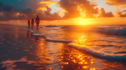 Fototapeta na wymiar Portrait of a happy family spending time on the beach in sunset ra