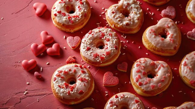 Delicious Doughnuts on a Pink Surface with Love Hearts Decorations. Valentine’s Day Background.