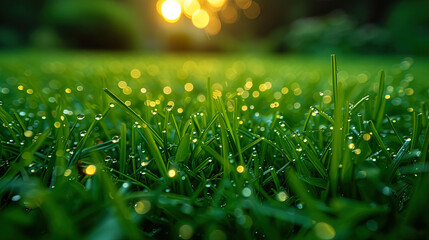 The macrogroan of the drops of dew on the grass in the early morni - obrazy, fototapety, plakaty