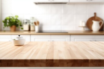Fototapeta na wymiar an empty wooden countertop to display your product on a blurred kitchen background.