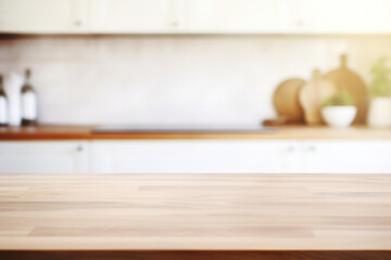 an empty table, a light background, a tabletop for the display of your product. blurred kitchen background.