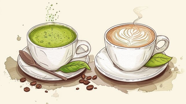 watercolor miracles in the image of two drinks in cups for visual Comparisons matcha tea and coffee in cup , place both beverages side by side for drink preferences, in the cafe and books background ,