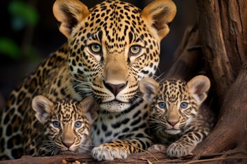 mother leopard with her young ones. female and litter of kittens. little leopard cubs, cuddles together. family, motherhood in animals. wildlife.