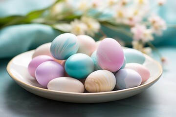 Fototapeta na wymiar easter plate with colored pastel eggs, delicate shading. festive spring tradition.