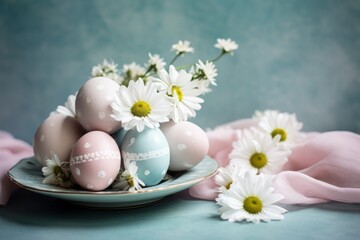 colorful pastel painted easter eggs on plate next to white daisies, in light pink and dark aquamarine.