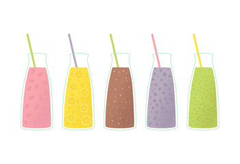 Vector set of smoothies cocktails in glass bottles. A delicious drink with various additives of fruits, berries and chocolate. Isolated design on a white background.