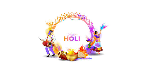 Happy Holi festival. Indian traditional abstract colorful color splash and holika dahan background. Holi fun, wishing party, dance celebration greetings card poster design.