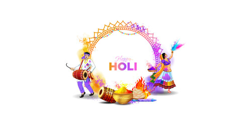 Happy Holi festival. Indian traditional abstract colorful color splash and holika dahan background. Holi fun, wishing party, dance celebration greetings card poster design. © New concept & ideas