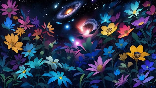 Depict flowers as galaxies and constellations in a cosmic abstraction