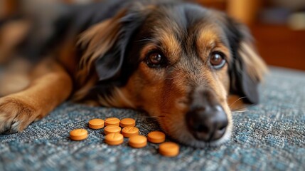 Vitamins supplements for pets. Dog health care, veterinary drugs, treatments, medical food supplement concept