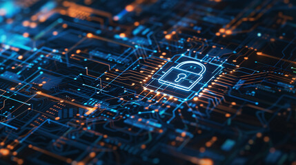 Glowing padlock icon on a complex blue circuit board