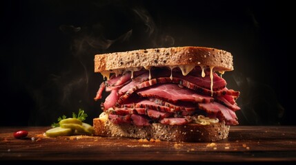 pastrami sandwich, background with space for text, food photography, cop< space, 16:9 - obrazy, fototapety, plakaty
