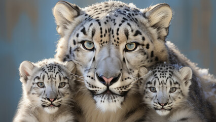 Fototapeta premium mother snow leopard with her young ones. litter of kittens. female and little snow leopard cub cuddles together. family, motherhood in animals. wildlife.