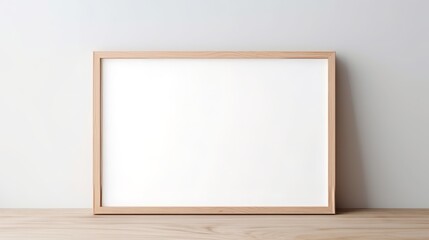 light wooden picture frame, blank white picture, blank white background, mockup, copy space, 16:9
