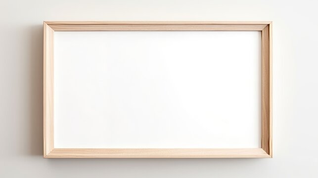 light wooden picture frame, blank white picture, blank white background, mockup, copy space, 16:9