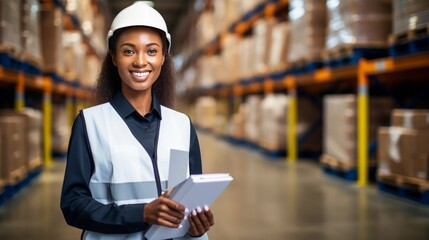 smiling woman, floor manager in a distribution center warehouse, holding a clipboard, copy space, 16:9