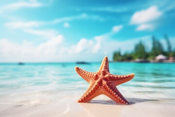 Fototapeta na wymiar starfish on the sandy white beach, near a ocean, serene maritime themes, in front of a tropical villa