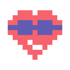 Obraz premium Grin or smiling face emotion, heart in dark glasses emoticon or emoji in pixel style, vector