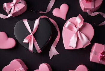  satin gift top box bow ribbon decorations heart view Flat isolated background pink lay shaped copy space black