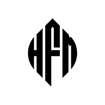 HFM circle letter logo design with circle and ellipse shape. HFM ellipse letters with typographic style. The three initials form a circle logo. HFM circle emblem abstract monogram letter mark vector.