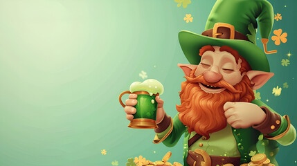 red smiling leprechaun in a green hat with a mug of green ale on a green background with space for text, advertising banner or flyer for an Irish pub for St. Patrick's Day