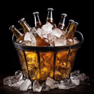A bucket of beer bottles with ice.