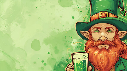 red smiling leprechaun in a green hat with a mug of green ale on a green background with space for text, advertising banner or flyer for an Irish pub for St. Patrick's Day