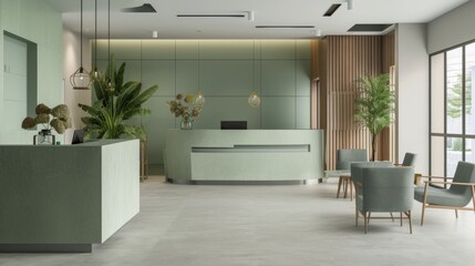 Fototapeta premium Elegance office background, this well-lit reception, with contemporary furniture and artistic wall decor creates a welcoming atmosphere for guests and clients alike.