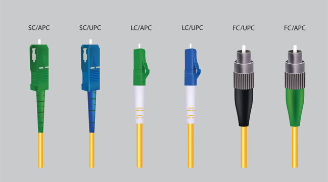 Fiber optic cables UPC and APC connectors, vector
