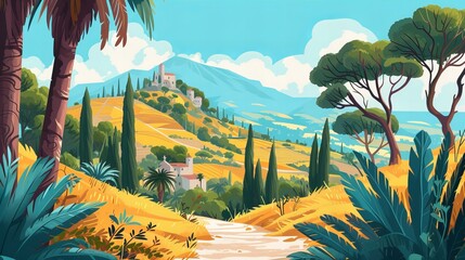 sicilian landscape illustration - obrazy, fototapety, plakaty