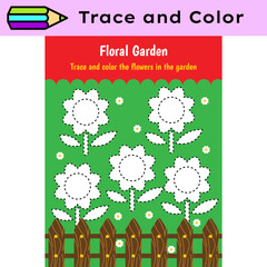 Pen tracing lines activity worksheet for children. Pencil control for kids practicing motoric skills. Garden coloring educational printable worksheet. Vector illustration. - 720735183