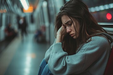 young adult woman feeling shame depressed and hopeless - obrazy, fototapety, plakaty