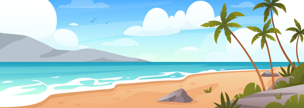 Ocean coastline. Vector illustration of summer beach, tropical ocean coastline with mountains, palm trees, island. Marine horizon landscape background. Seascape view. Summer holidays. Vacation place