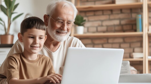 Old man, showing grandson his laptop, man, smiling boy, looking interested 