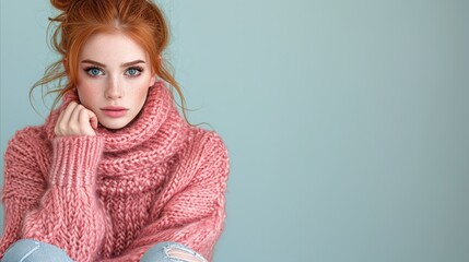 Red-haired young woman in winter knitwear posing thoughtfully