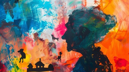 Concept - Alzheimer's. View of old woman in abstract vibrant painting, surrounded by nostalgic views of house, car, silhouettes of children, sunsets, buildings, dog.  - obrazy, fototapety, plakaty