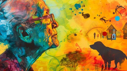 Concept - Alzheimer's. View of old woman in abstract vibrant painting, surrounded by nostalgic views of house, car, silhouettes of children, sunsets, buildings, dog. 