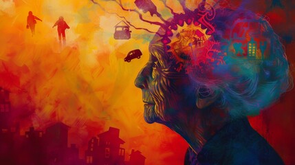 Concept - Alzheimer's. View of old woman in abstract vibrant painting, surrounded by nostalgic views of house, car, silhouettes of children, sunsets, buildings, dog. 
