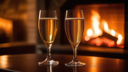 Glass of white sparkling wine on table in bar, fireplace, blurred moody dark background, selective focus