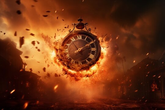 Countdown to catastrophe: a clock ablaze in mid-air, a stark reminder of time running out for our planet amidst the flames of global warming