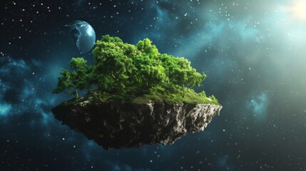 A lush, green Earth floats in the cosmic ocean, bathed in ethereal light; a symbol of life’s resilience and beauty amidst the stars, - obrazy, fototapety, plakaty
