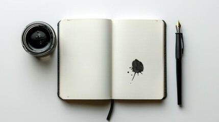 Top view of open blank notepad, ink pen, on white table background