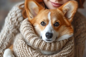 A cute Corgi dog is held and wrapped in a warm knitted scarf by a girl whose face is not visible