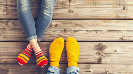 Top view of feet in colorful socks on a rustic wooden floor