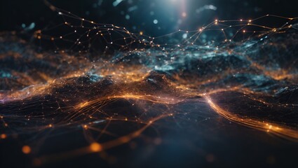 Fototapeta premium A digital network of data and information, flowing through a virtual world, creating a complex and interconnected web of knowledge. Science and technology concept. Connections idea. Copy space.