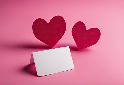  pink business card paper hearts background blank two