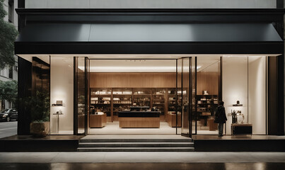 A sleek and modern storefront, with clean lines. Minimal architecture and design concept. Fashion, consumerism and shopping idea. Copy space.