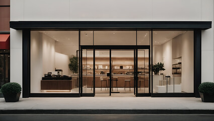 A sleek and modern storefront, with clean lines. Minimal architecture and design concept. Fashion, consumerism and shopping idea. Copy space.